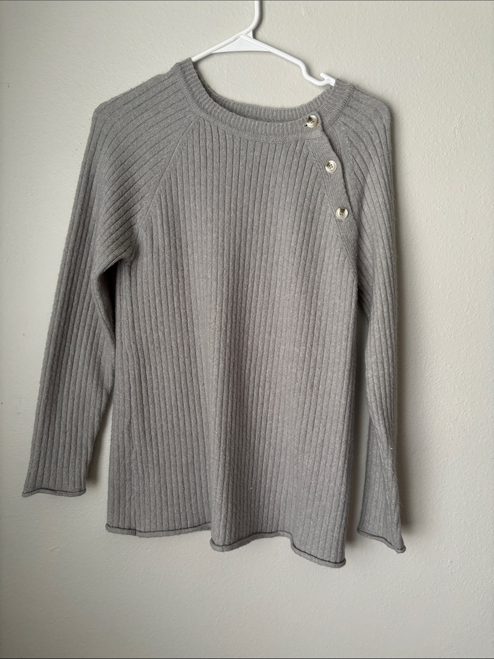 Light Gray Ribbed Button-Shoulder Crew Sweater